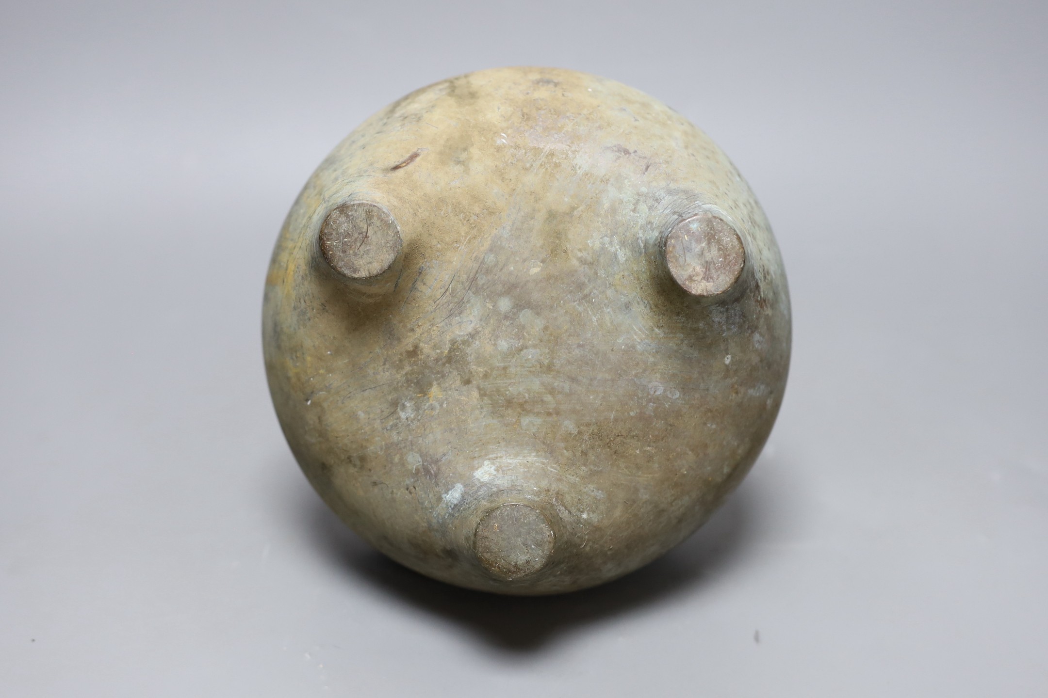 A Chinese two handled bronze censer, 18cm handle to handle